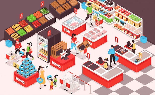 Supermarket interior isometric view with fruits vegetables grocery bread fish meat  refrigerator shelves customers cashier