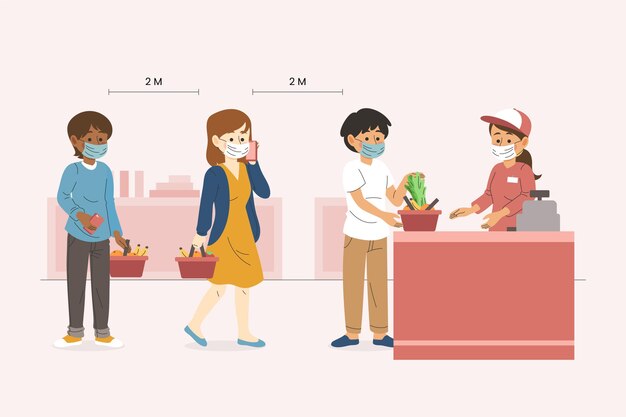 Supermarket queue with safety distance