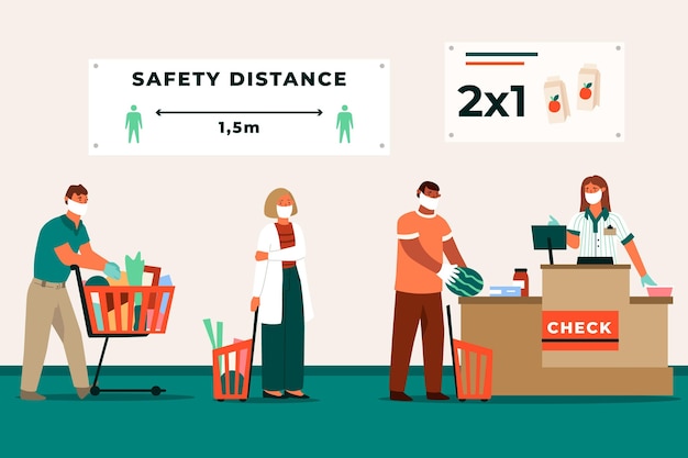 Supermarket queue with safety distance