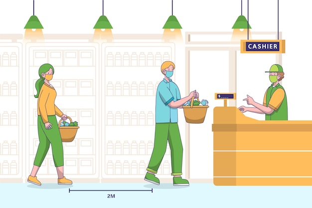 Supermarket queue with safety distance