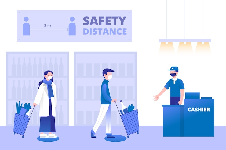 Free Vector supermarket queue with safety distance