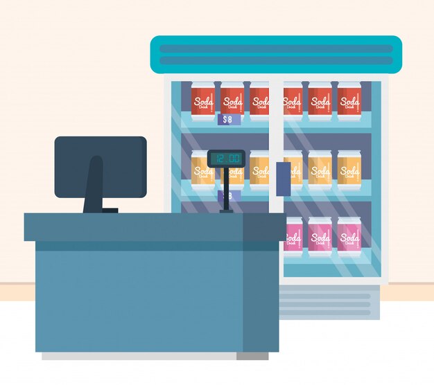 Супермаркет холодильник с продуктами и пункт продажи