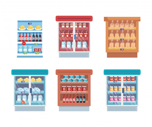 Бесплатное векторное изображение Супермаркет холодильник с полкой и продуктами