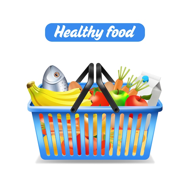 Бесплатное векторное изображение Корзина супермаркета, полный здорового питания, изолированных на белом фоне