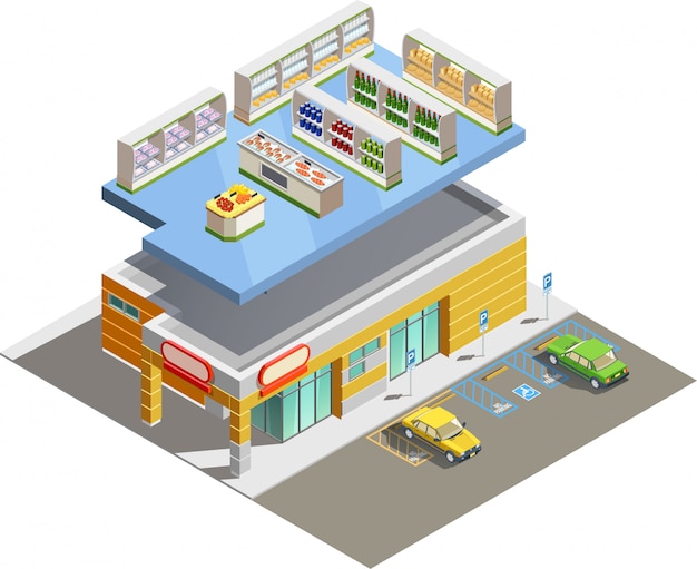 Free vector supermarket store building isometric exterior view