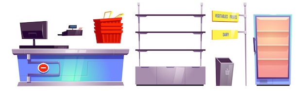 Supermarket store with checkout counter, shelves, baskets and refrigerator for food