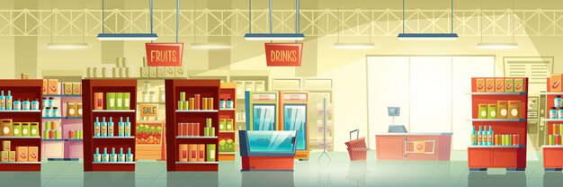 Supermarket trading room carton vector interior