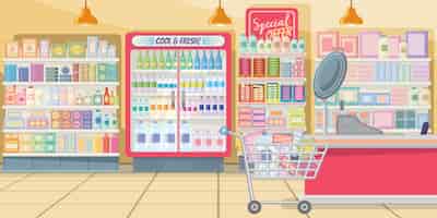 Free vector supermarket with food shelves illustration