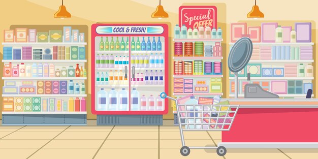 Supermarket with food shelves illustration