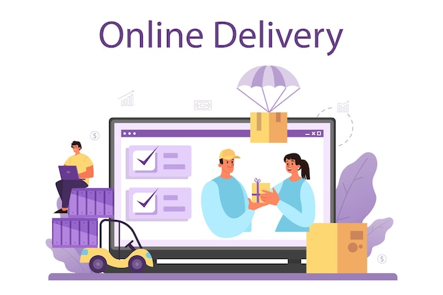 Servizio o piattaforma online dei fornitori servizio di distribuzione logistica di idee b2b azienda come partnership commerciale con il cliente consegna online illustrazione vettoriale piatta