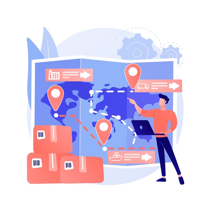 Free Vector supply chain management abstract concept vector illustration. logistics operations control, storage of goods and services, product delivery, retail distribution, transportation abstract metaphor.