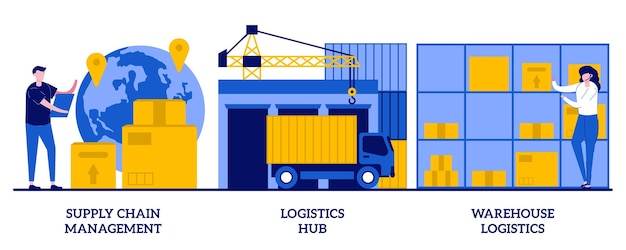 サプライ​チェーン​管理​、​ロジスティクスハブ​、​小さな​人々​による​倉庫​ロジスティクス​の​概念​。​商品​の​輸送​、​保管​セット​。​仕分け​と​発送​、​荷物​の​配達​。
