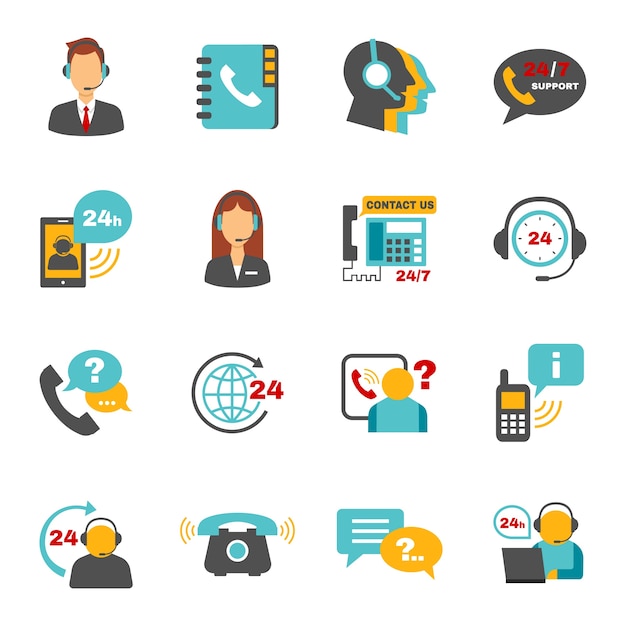 Support contact call center icons set