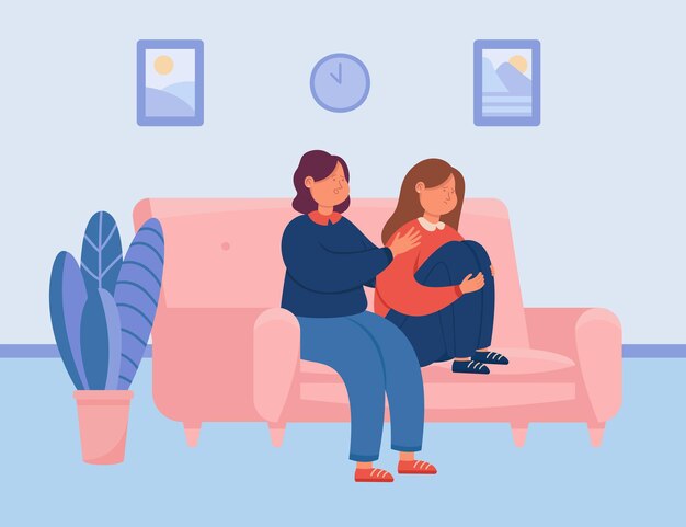 Support to depressed sad girl from friend, mother or sister. Women sitting on couch together, comforting talk between people flat vector illustration. Empathy, mental help in depression concept