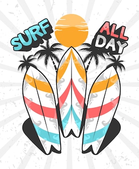 Доски для серфинга мультяшный плакат концепции