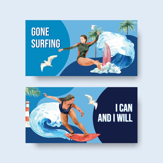 여름 휴가 열대 및 휴식 수채화 벡터 일러스트 레이 션을위한 해변 디자인에서 서핑 보드