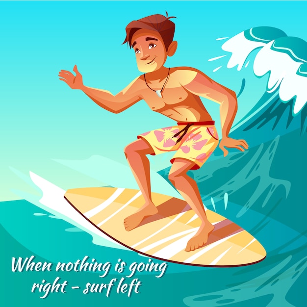 Иллюстрация серфер мальчик с молодым человеком или парнем в доске для серфинга на океанской волне для плаката