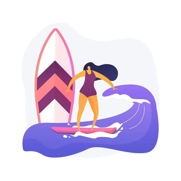 Free vector surfing abstract concept vector illustration. water sport, holiday fun, ocean wave, palm beach, summer vacation, swim wetsuit, surfing school, surf board, extreme video abstract metaphor.