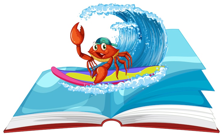 Free Vector surfing crab on open book