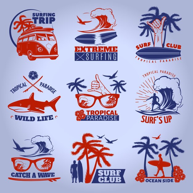 Surfing emblem set on dark with surfing trip extreme surfing tropical paradise wild life descriptions vector illustration