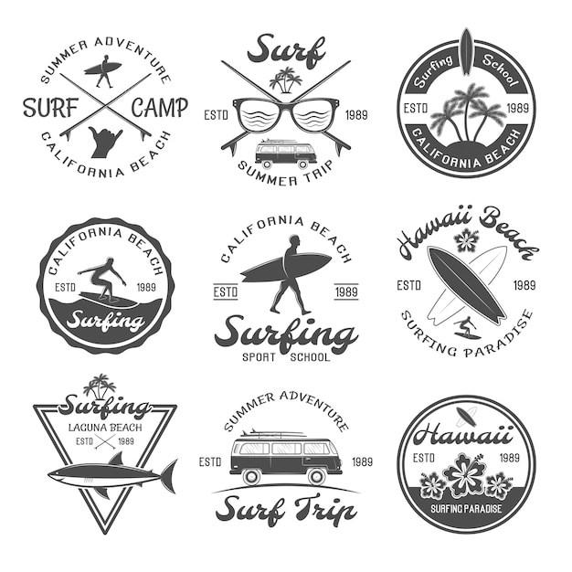 Бесплатное векторное изображение Набор эмблем для серфинга