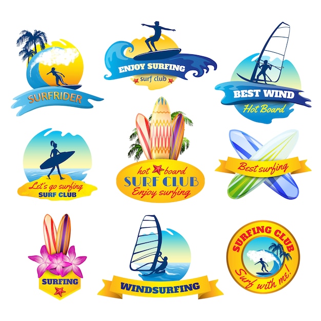 Free vector surfing emblems set