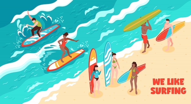 Free vector surfing horizontal illustration