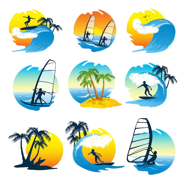 Free vector surfing icons set  with people