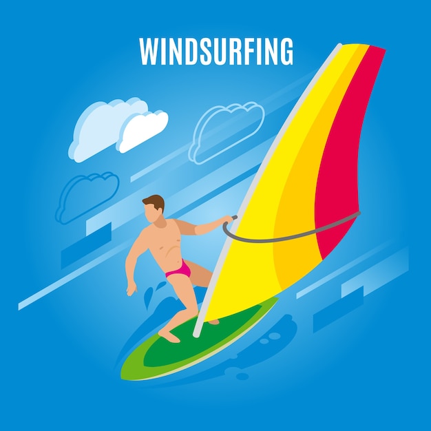 Surfing isometric illustration with figure of male character on surf board with sail and clouds images