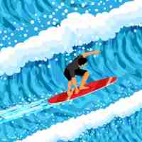 Free vector surfing isometric vector illustration with male athlet character riding surfboard on big waves