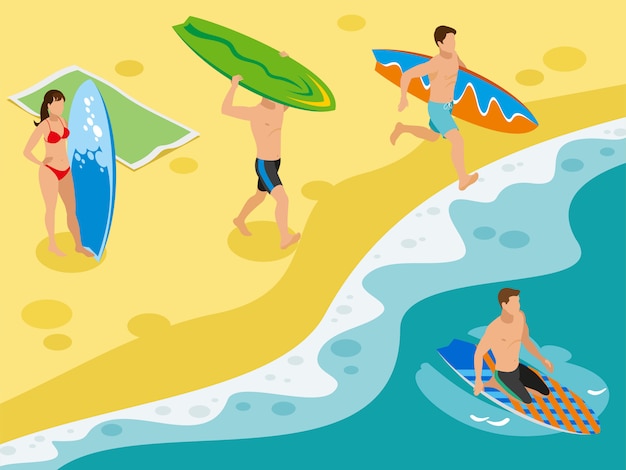 Free vector surfing, sandy beach coastal scenery and human characters of surfers with their boards