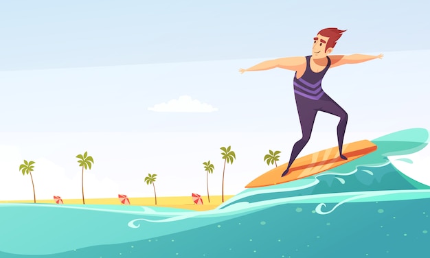 Free vector surfing tropical beach cartoon