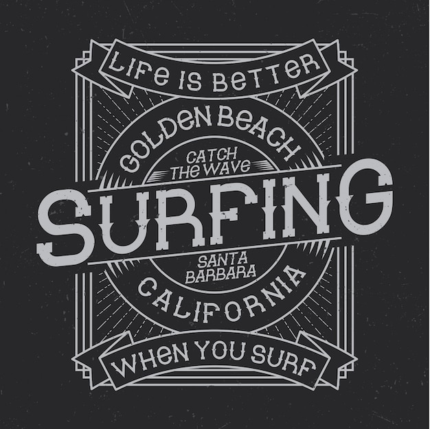 Free vector surfing typography, t-shirt graphics, emblem and label design