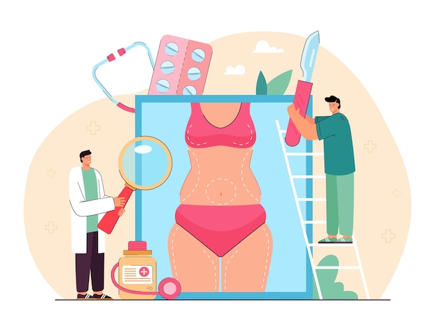 Chirurghi che esaminano il corpo umano prima della chirurgia bariatrica. riduzione del peso in illustrazione piatta del seno, della pancia, delle cosce