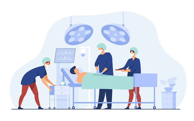 Команда хирургов окружает пациента на операционном столе плоской векторной иллюстрации. Мультфильм медицинских работников готовится к операции. Концепция медицины и технологии