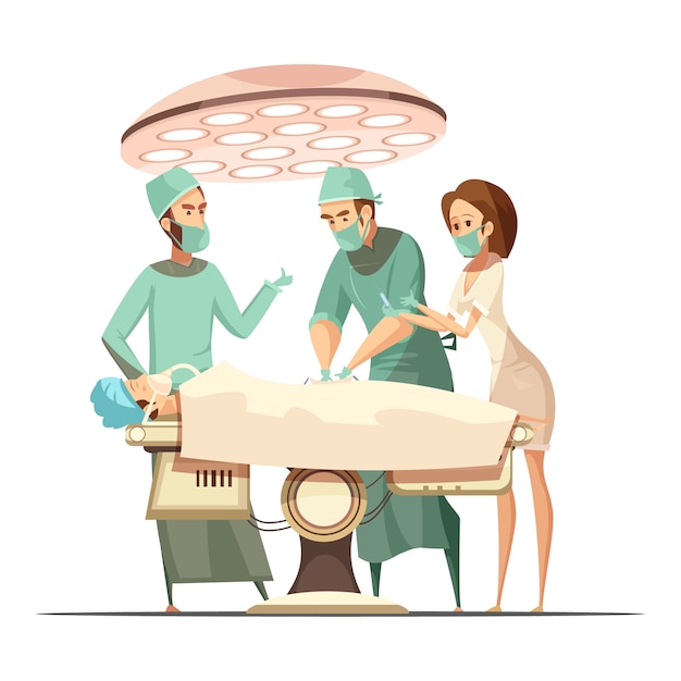 Surgery design in cartoon retro style with operating lamp medical staff and patient on table