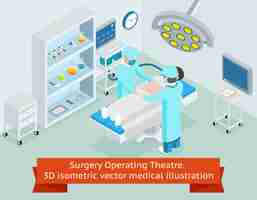 무료 벡터 외과 수술실. 3d 아이소 메트릭 의료. 병원 시술, 외과 의사, 무균 수술, 외과 의료
