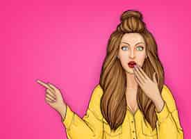 Free vector surprised girl pointing by finger on something in pop art style.