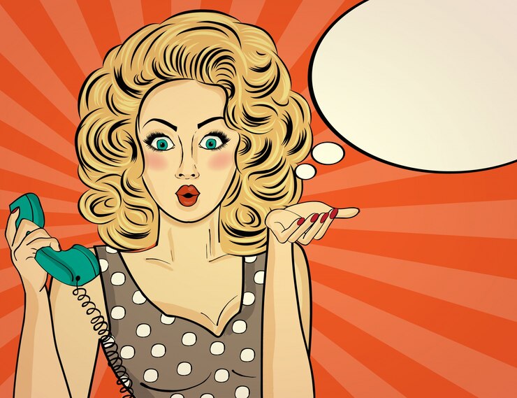 Free Vector surprised pop art woman chatting on retro phone