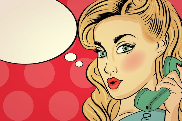 Free vector surprised pop art woman chatting on retro phone