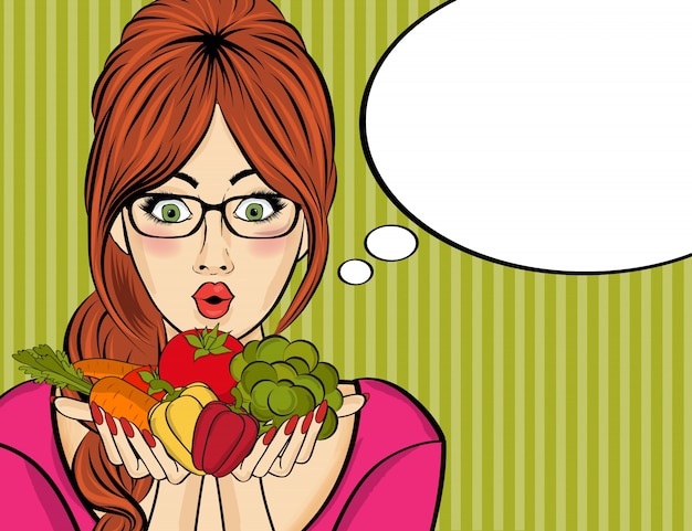 Surprised pop art woman that holds vegetables in her hands 