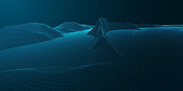 Surreal banner design with abstract wireframe landscape