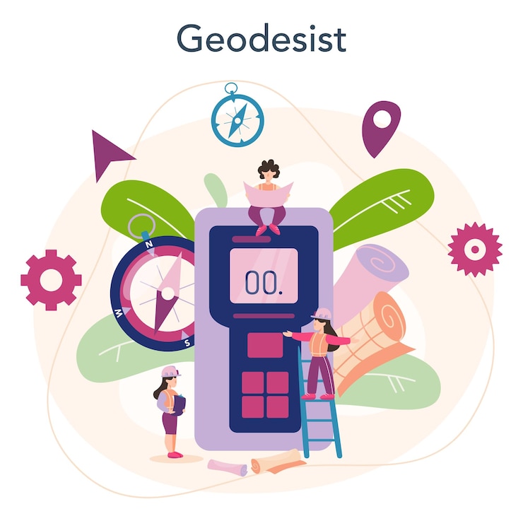 Free Vector surveyor concept geodesy science land surveying technology engineering and topography equipment people with compass and map vector illustration in cartoon style