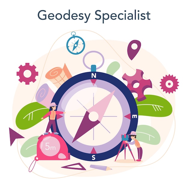 Free vector surveyor concept geodesy science land surveying technology engineering and topography equipment people with compass and map vector illustration in cartoon style