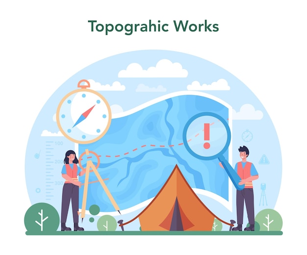 Surveyor concept Land surveying technology geodesy science Engineering and topography equipment People with compass map and topographic equipment Vector flat illustration