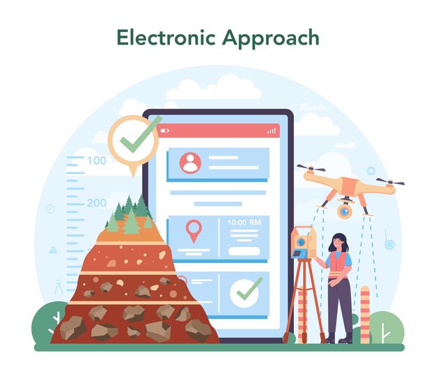 Surveyor online service or platform Land surveying geodesy science Engineering and topography equipment Online electronic aproach Vector flat illustration