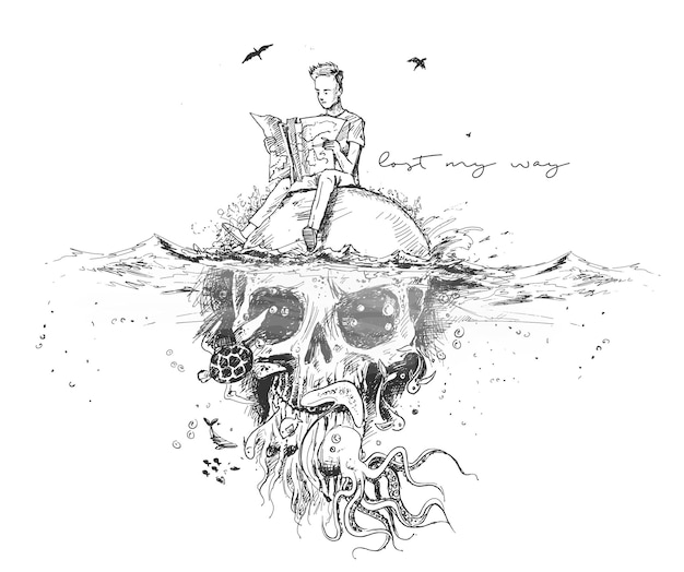 免费矢量生存的人阅读地图与水下头骨海盗设计海报矢量插图
