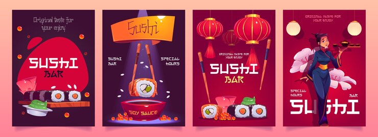 Free Vector sushi bar flyers with japanese food, red asian lanterns and waitress in kimono. cartoon set of advertising posters for cafe or restaurant with rolls, rice and seafood