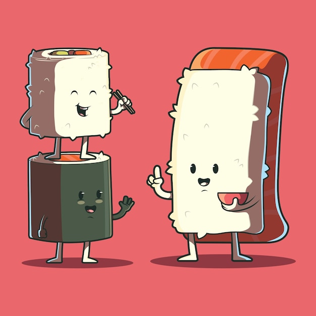 寿司キャラクターのイラスト 食べ物 面白い ブランドコンセプト プレミアムベクター