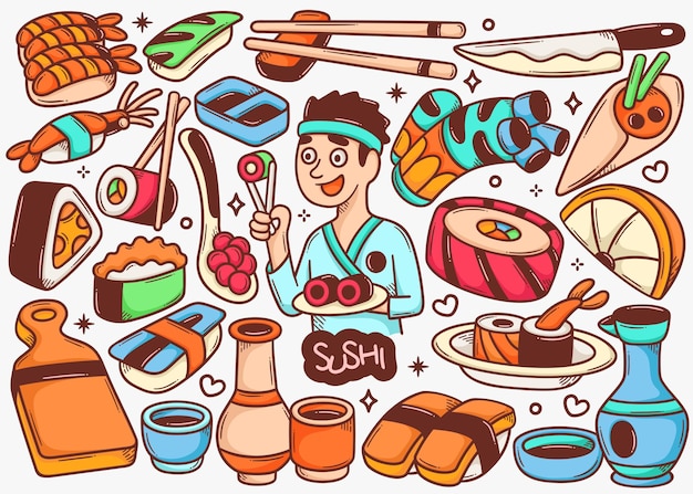 Raccolta di vettore di colore disegnato a mano di doodle di sushi